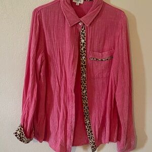 Umgee Pink Button Down Shirt with Leopard Trim